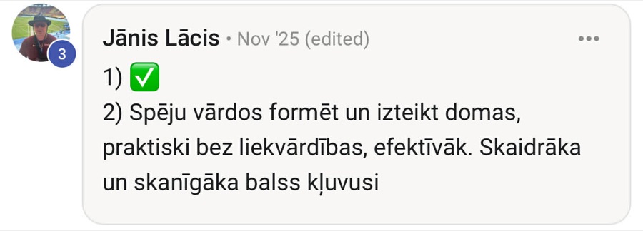 Dalībnieka atsauksme par balss programmu